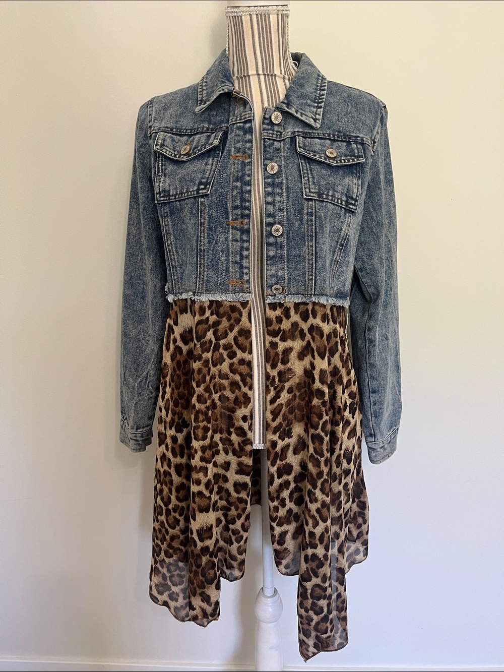 ODDY Two-Tone Denim Jacket with Leopard Skirt Panel
